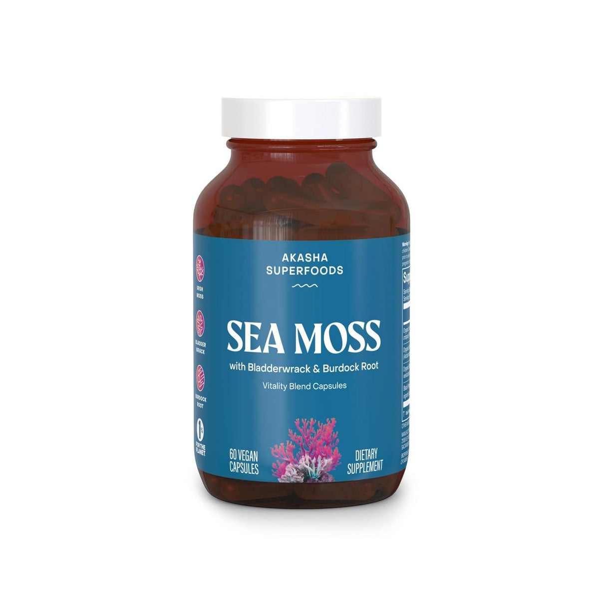 Capsules de mousse de mer Akasha Superfoods avec un verre d'eau