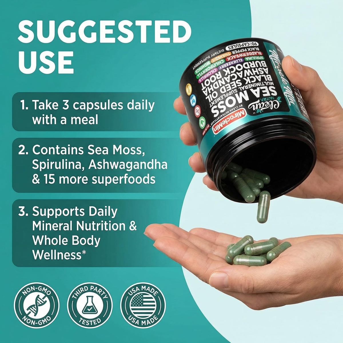 Capsules de mousse de mer bio avec racine de bardane et algue bladderwrack