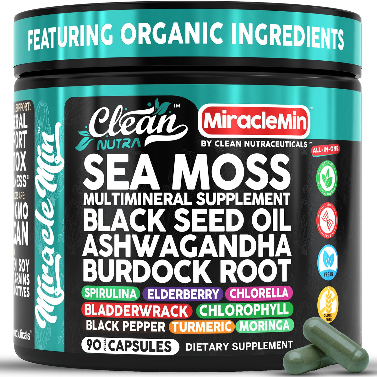 Capsules de mousse de mer bio Clean Nutraceuticals 90 vegan en bouteille