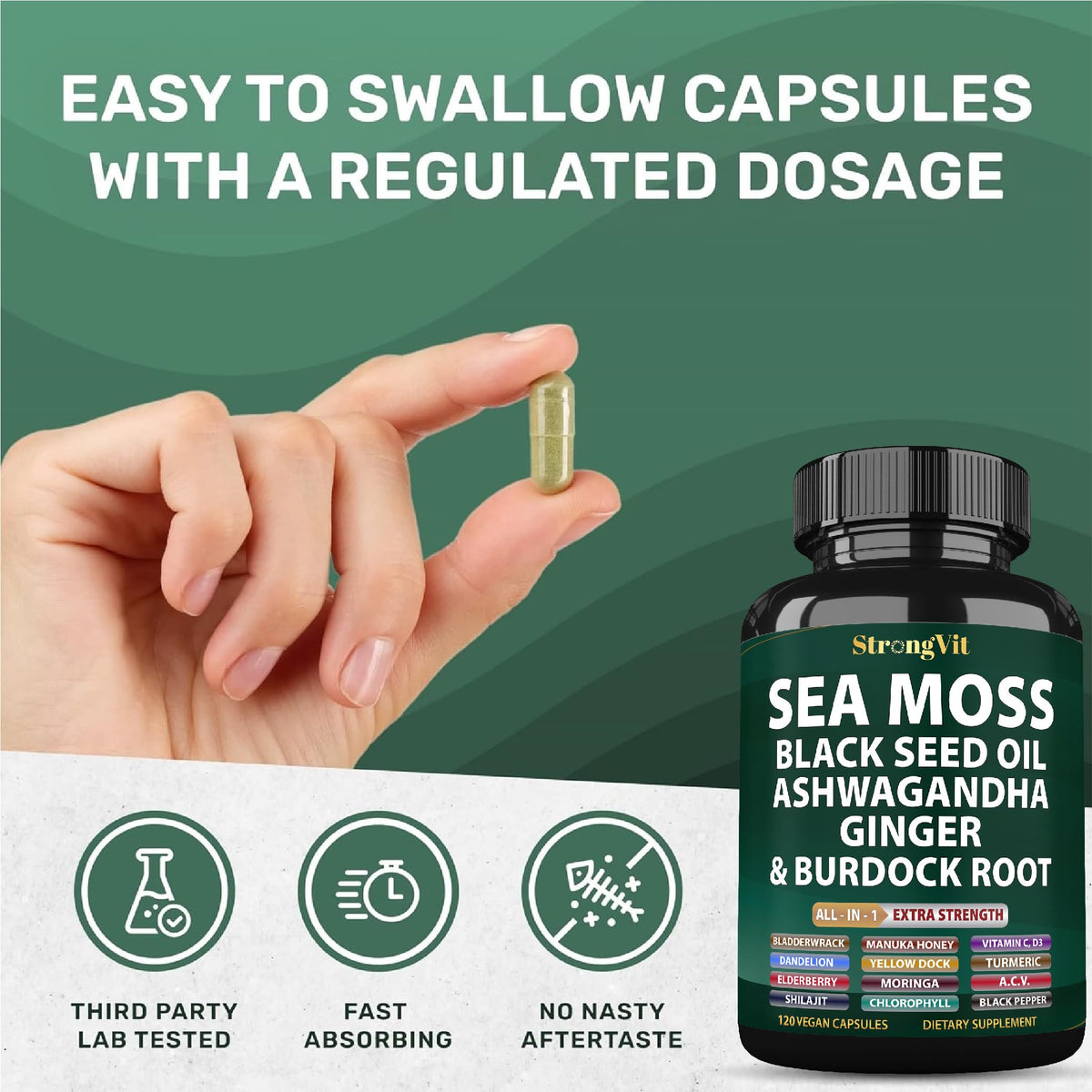 Capsules de mousse de mer bio dans un verre transparent