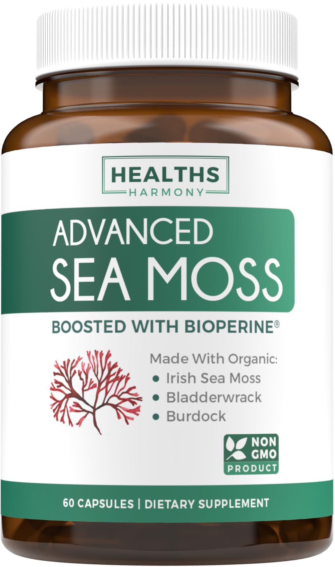 Capsules de mousse de mer bio Healths Harmony en bouteille