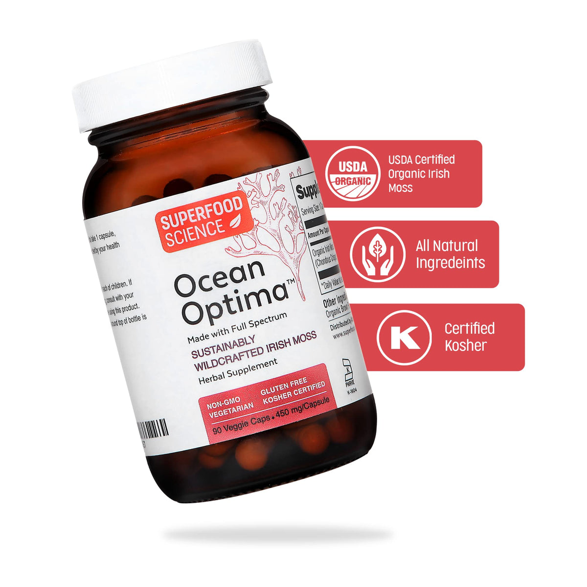Capsules de mousse de mer bio Superfood Science dans un bol