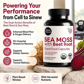 Capsules de mousse de mer et betterave Atlantic Naturals sur une surface blanche