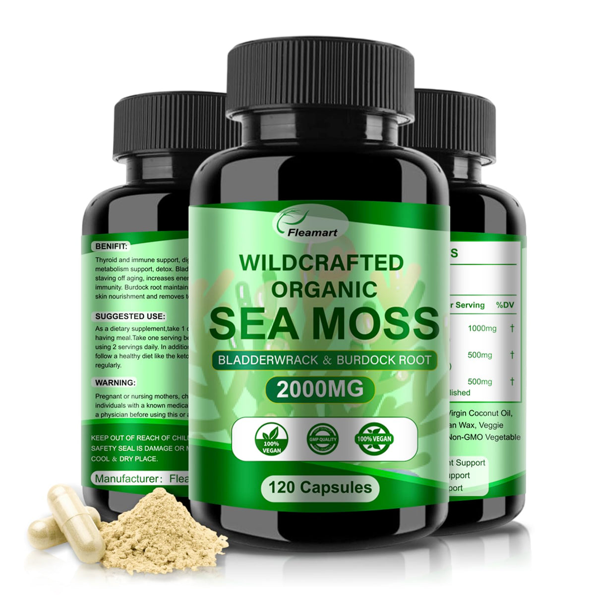 Capsules de mousse de mer Fleamart, vue de face avec étiquette