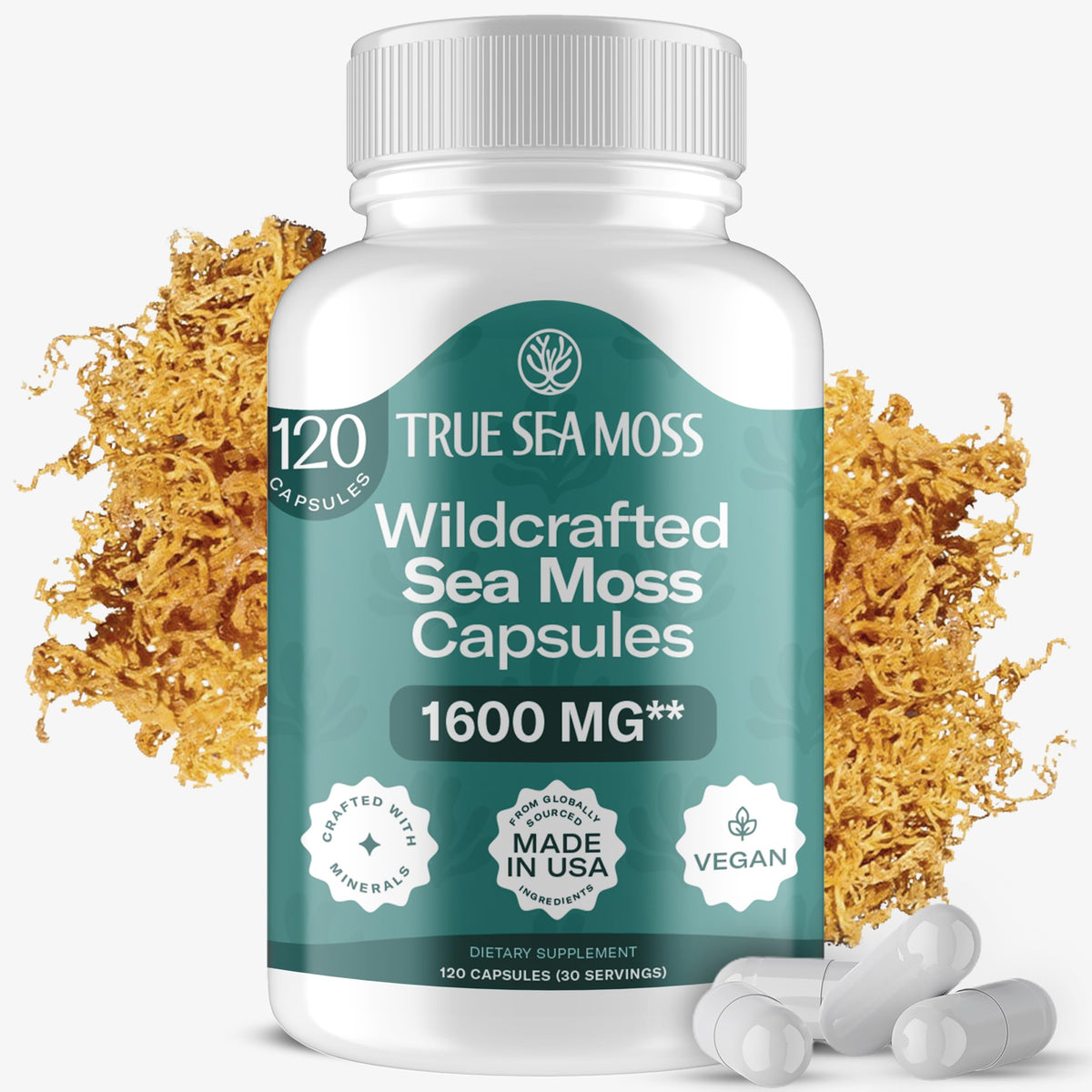 Capsules de mousse de mer irlandaise TrueSeaMoss 1600 mg, vue de face