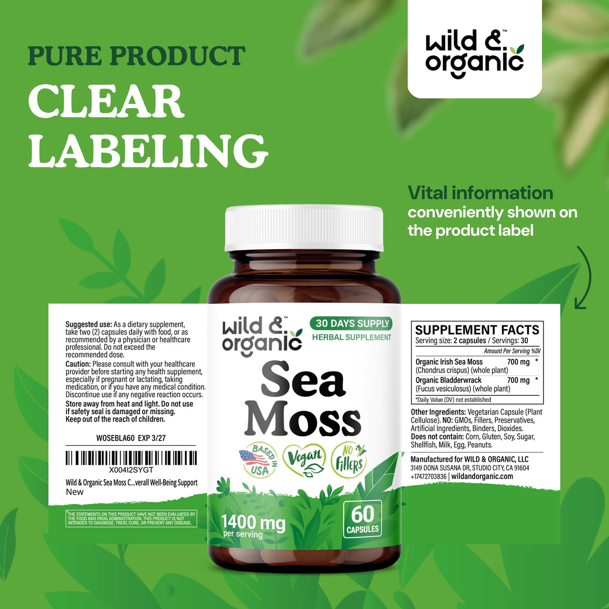 Capsules de mousse de mer Wild & Organic sur un fond blanc