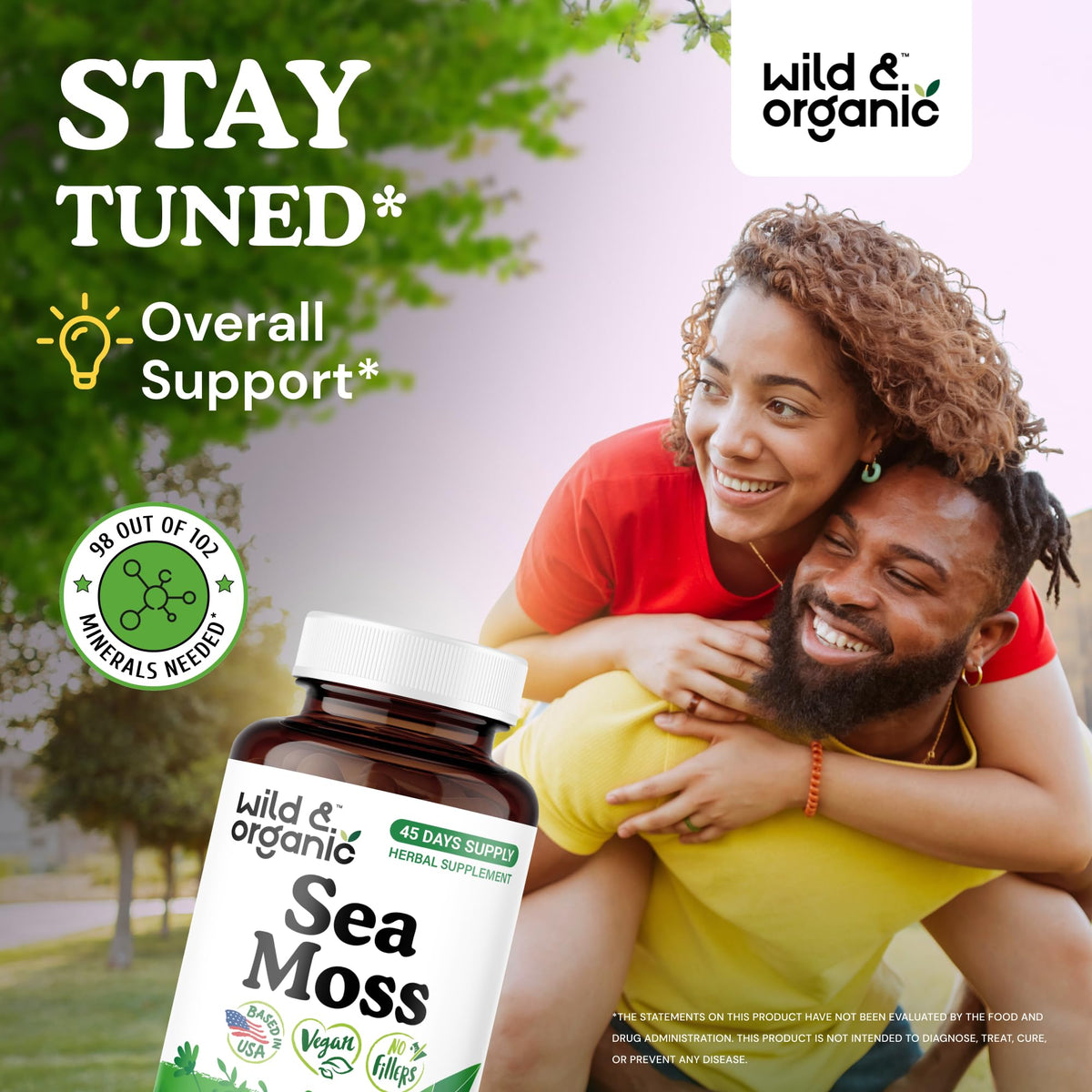 Capsules de mousse de mer Wild & Organic sur une surface en bois