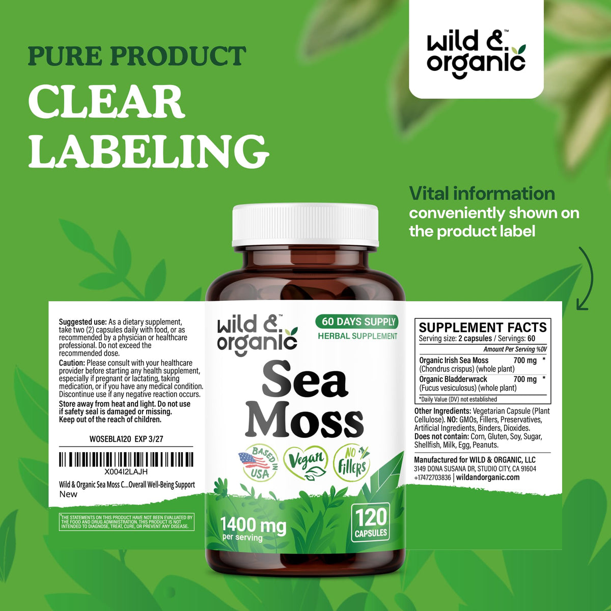 Capsules de mousse de mer Wild & Organic sur une table avec des plantes
