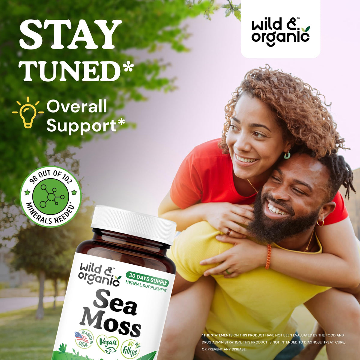 Capsules de mousse de mer Wild & Organic sur une table en bois