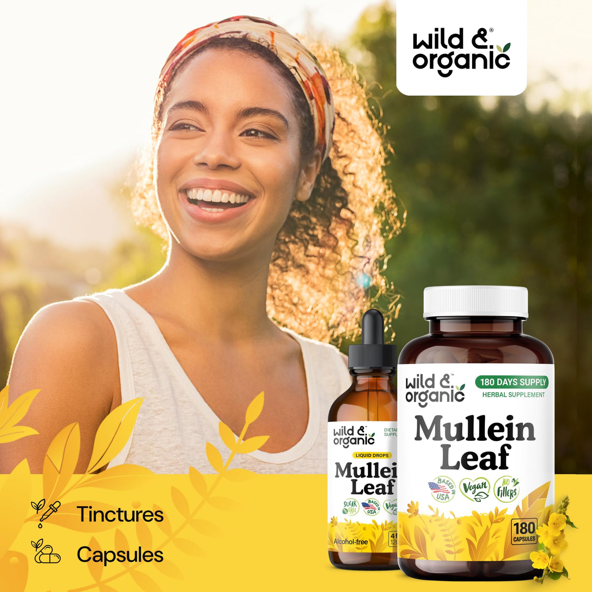 Capsules de mullein Wild & Organic avec un verre d'eau