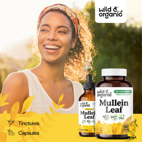 Capsules de mullein Wild & Organic avec un verre d'eau