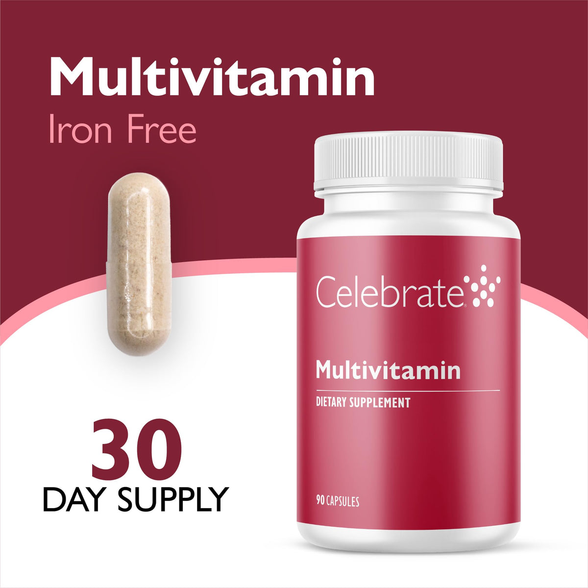 Capsules de multivitamine bariatrique Celebrate sur fond blanc
