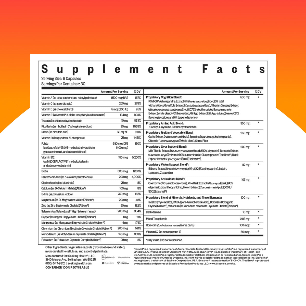 Capsules de multivitamine optimale Seeking Health sur fond blanc