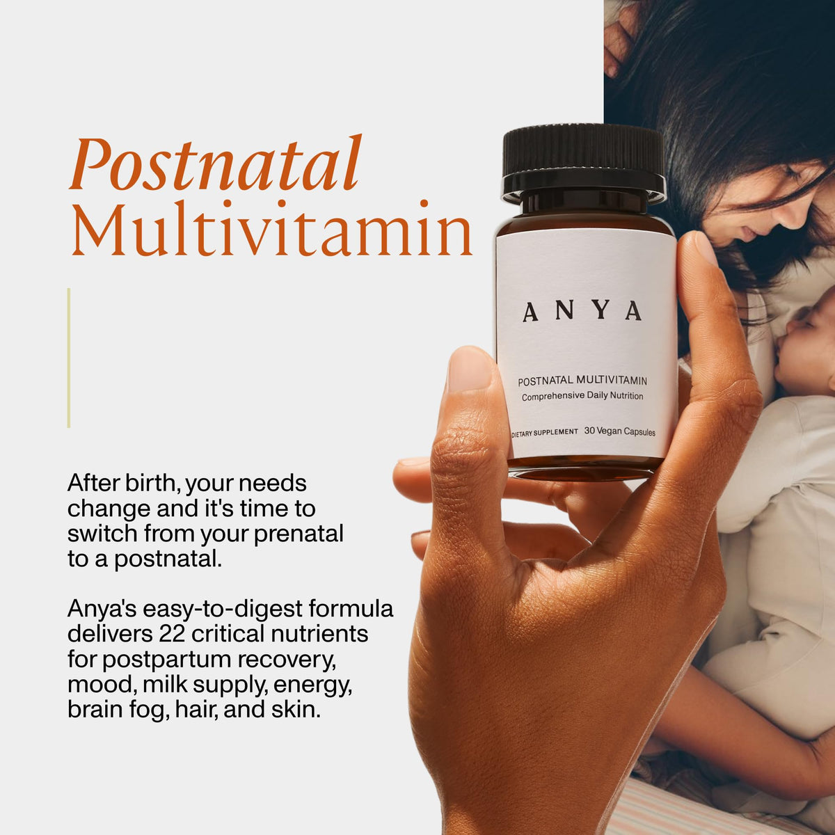 Capsules de multivitamine postnatale ANYA sur une surface blanche