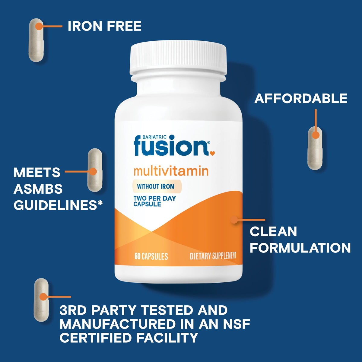 Capsules de multivitamine sans fer Bariatric Fusion sur fond blanc