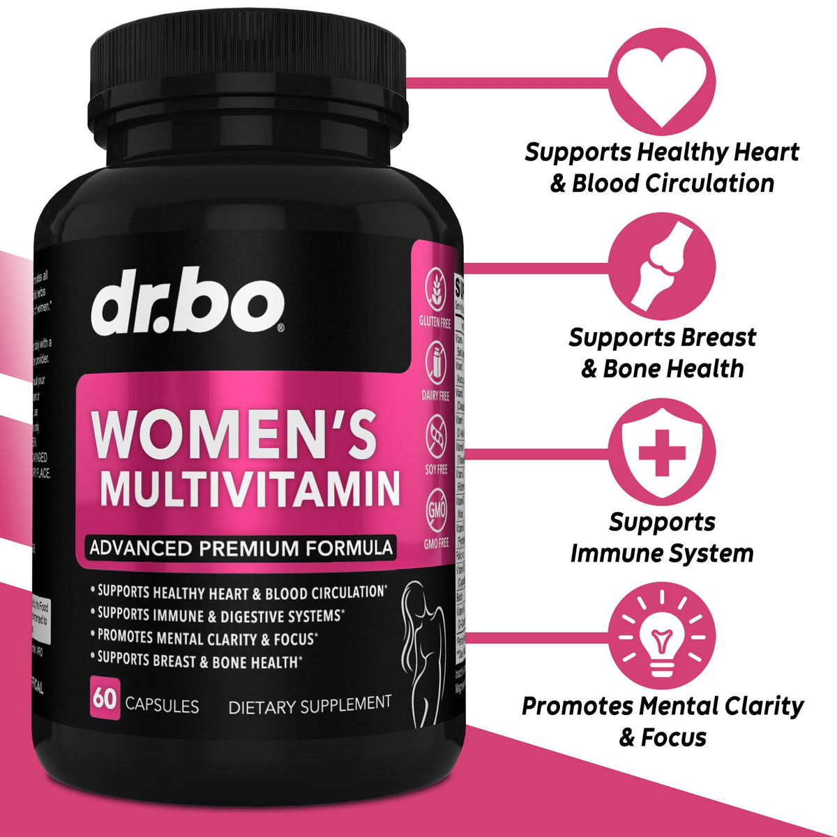 Capsules de multivitamines DR. BO pour femmes, vue de près