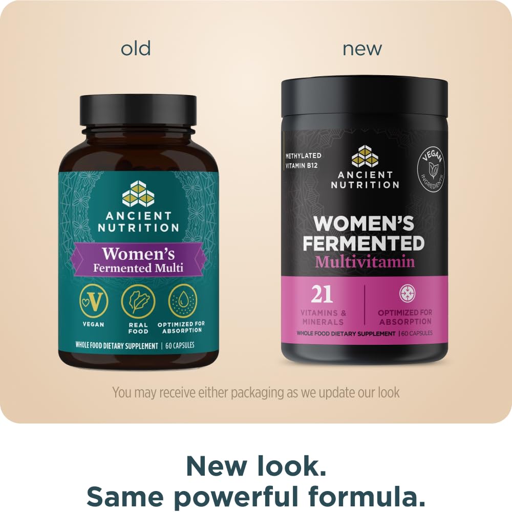 Capsules de multivitamines fermentées pour femmes Ancient Nutrition sur une table