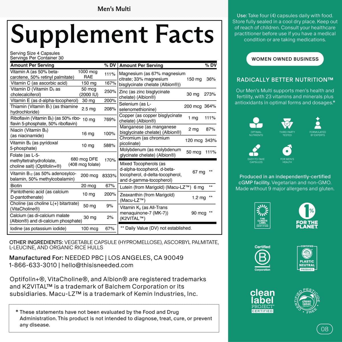 Capsules de multivitamines Needed. pour hommes sur une surface blanche