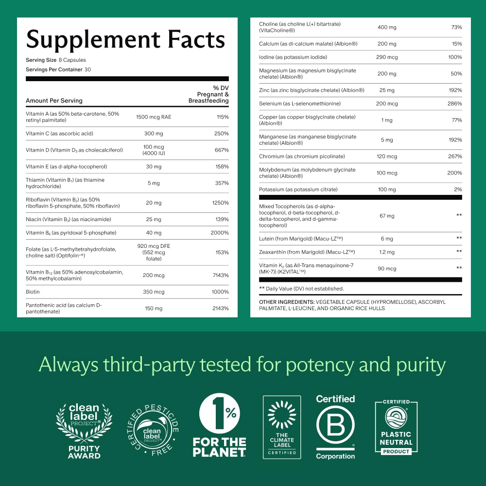 Capsules de multivitamines prénatales Needed. sur fond blanc