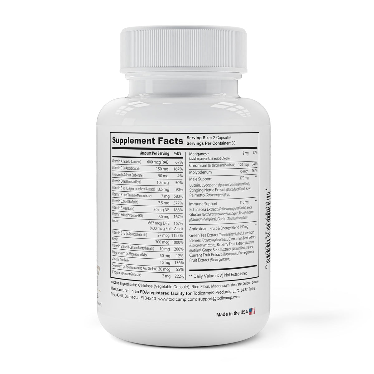 Capsules de multivitamines TODICAMP pour hommes, vue de près