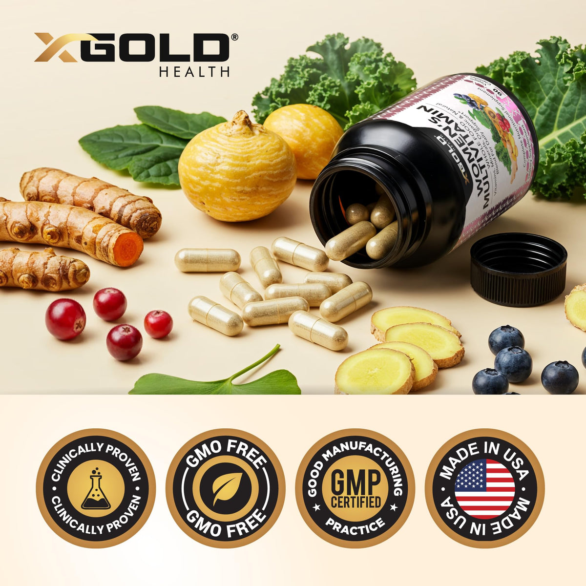 Capsules de multivitamines X Gold Health sur une table