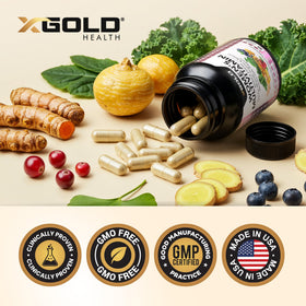 Capsules de multivitamines X Gold Health sur une table