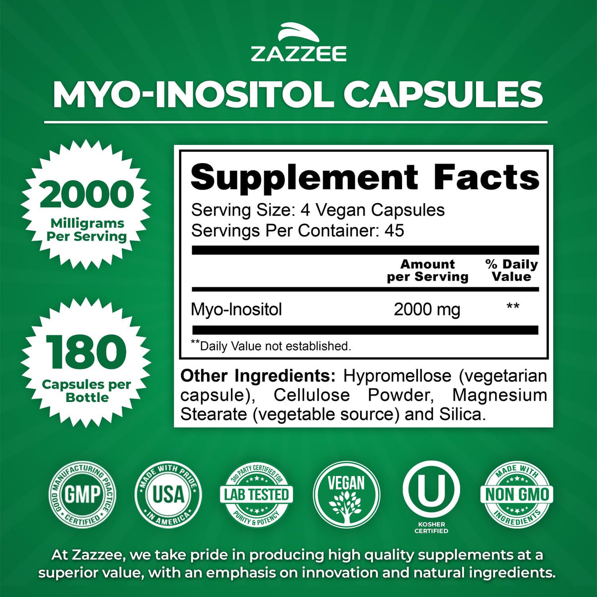Capsules de Myo-Inositol Zazzee, vue de près