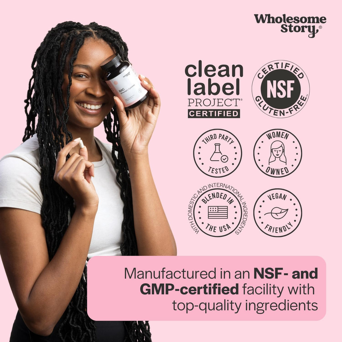 Capsules de NAC 600 mg Wholesome Story dans un bol