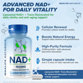 Capsules de NAD+ liposomal sur une table avec un verre d'eau