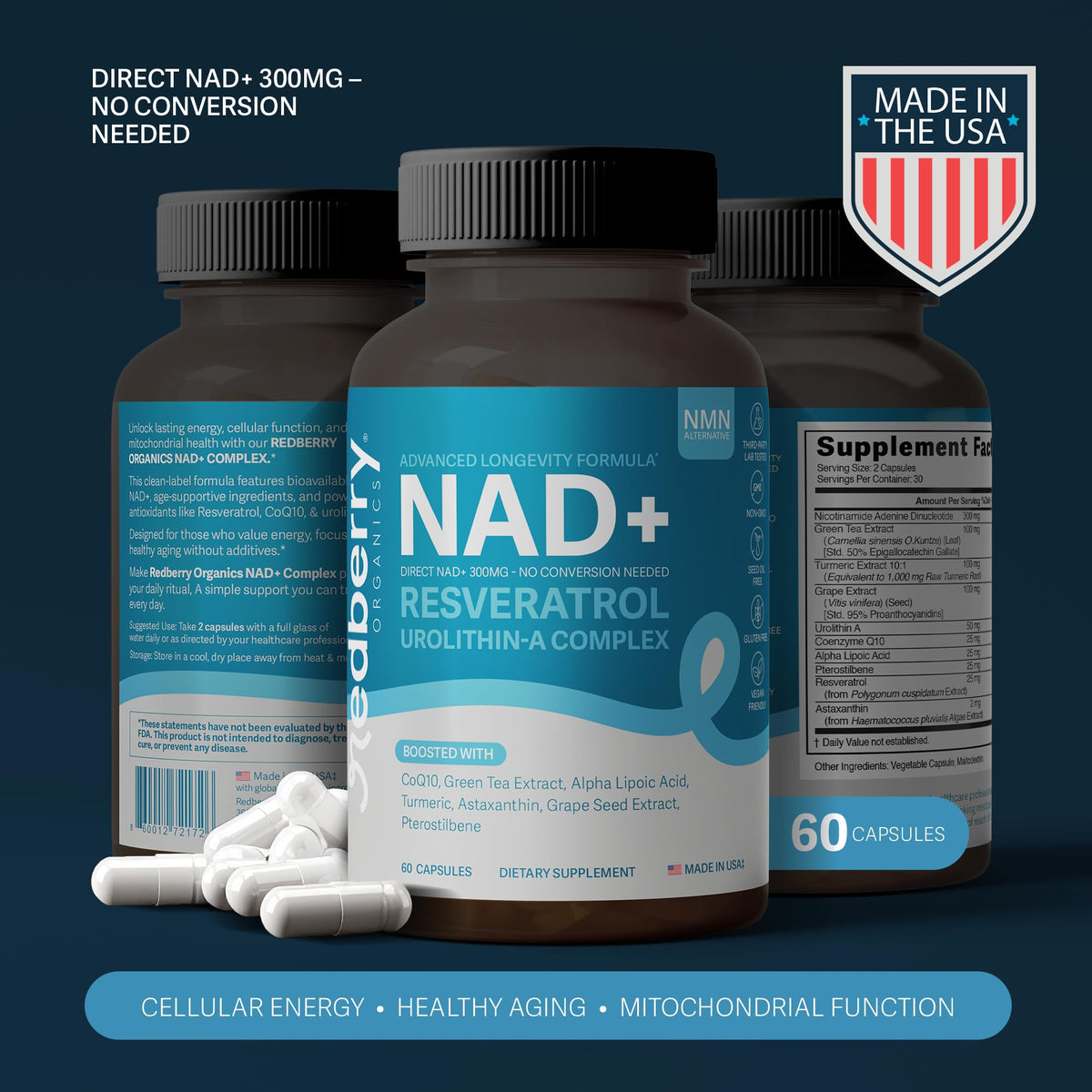 Capsules de NAD+ Redberry Organics sur fond blanc