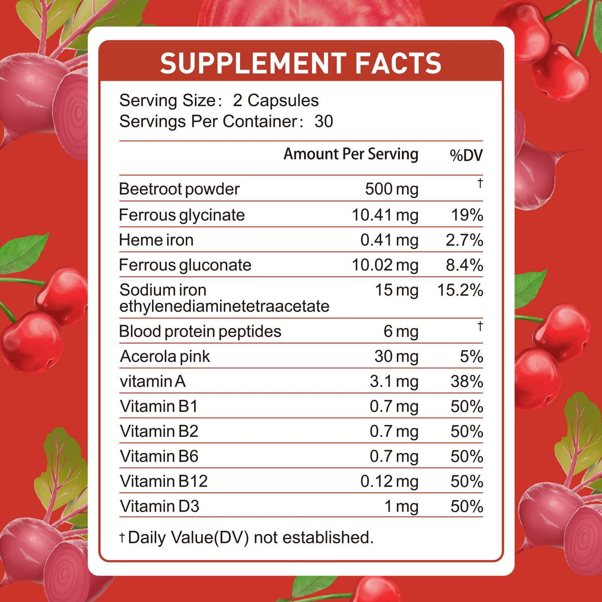 Capsules de Natener Complément Alimentaire Fer 36mg avec Betterave 500mg, présentation