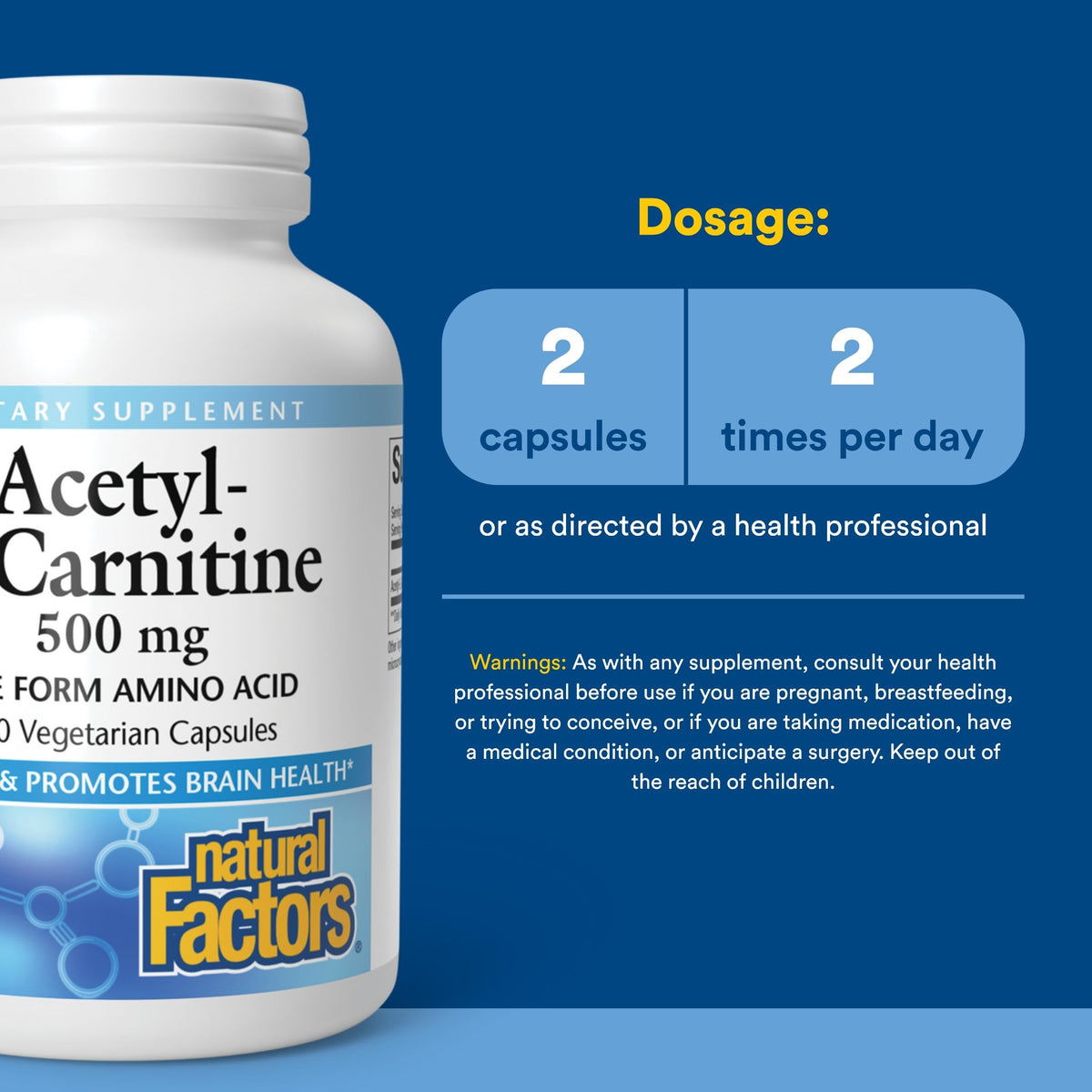 Capsules de Natural Factors Acétyl L-Carnitine 500 mg sur une table