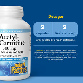 Capsules de Natural Factors Acétyl L-Carnitine 500 mg sur une table