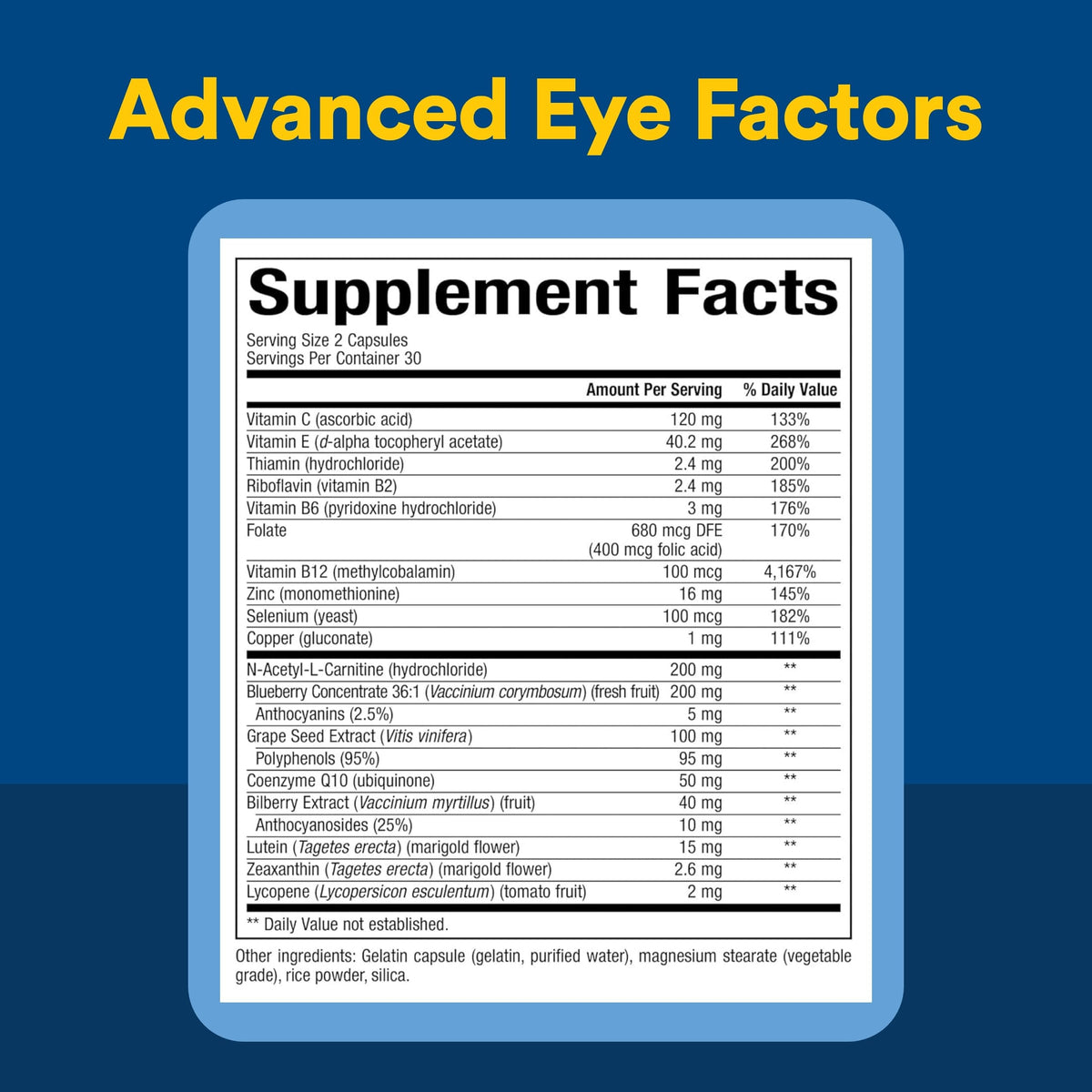Capsules de Natural Factors Advanced Eye Factors sur une table