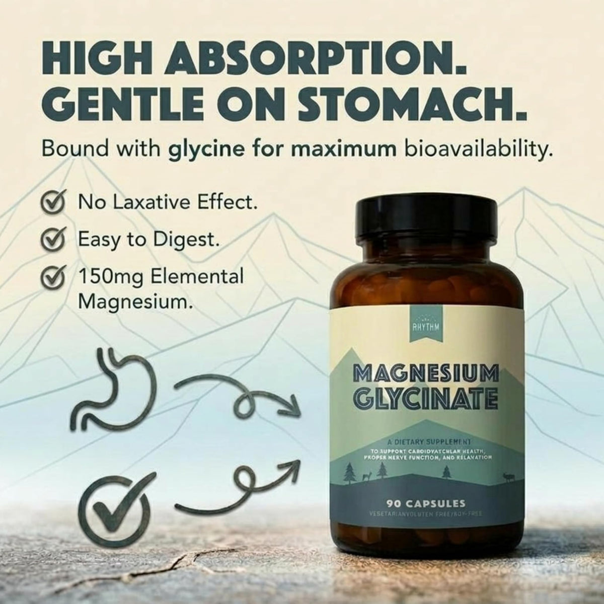Capsules de Natural Rhythm Magnésium Glycinate sur une table