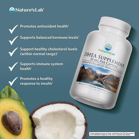 Capsules de Nature's Lab DHEA 50mg sur fond blanc