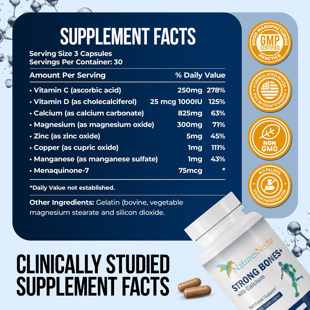 Capsules de Nature's Nectar Compléments Alimentaires pour Os sur fond blanc