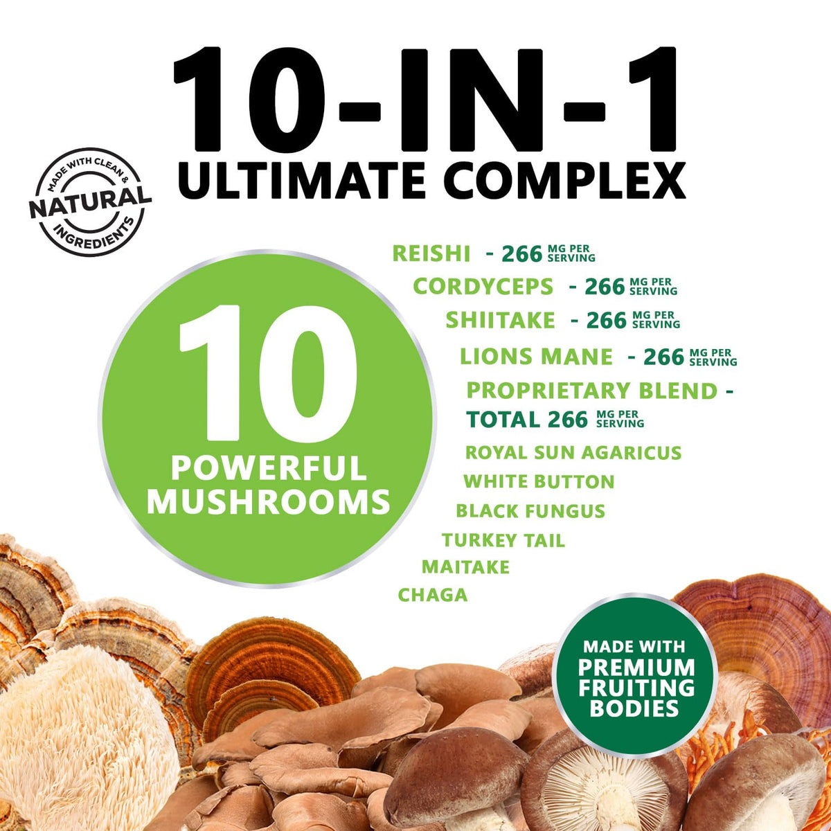 Capsules de Nature's Nutrition Complément Champignon 10 en 1 sur fond blanc