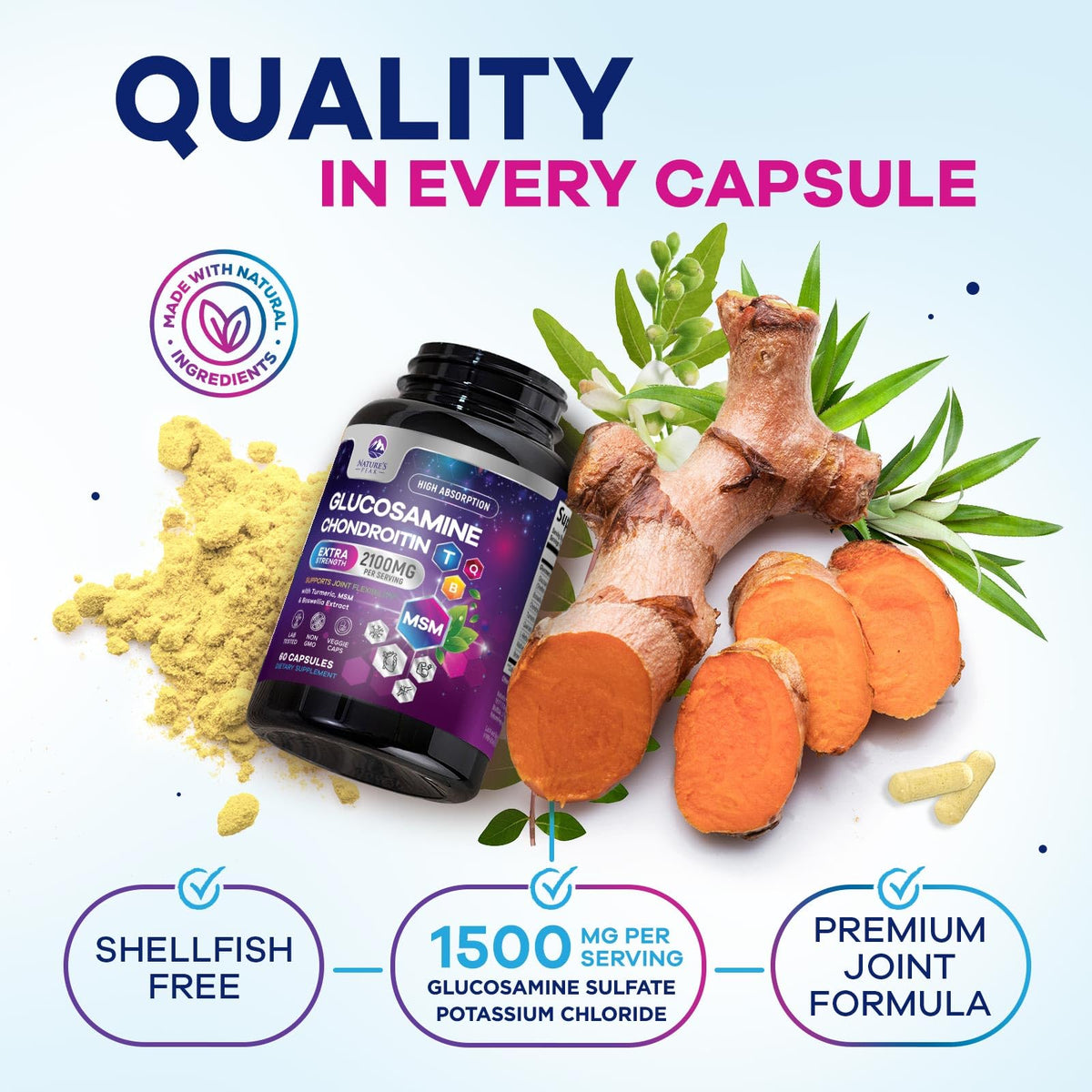 Capsules de Nature's Peak Complex de Glucosamine Chondroïtine 2100mg sur une table