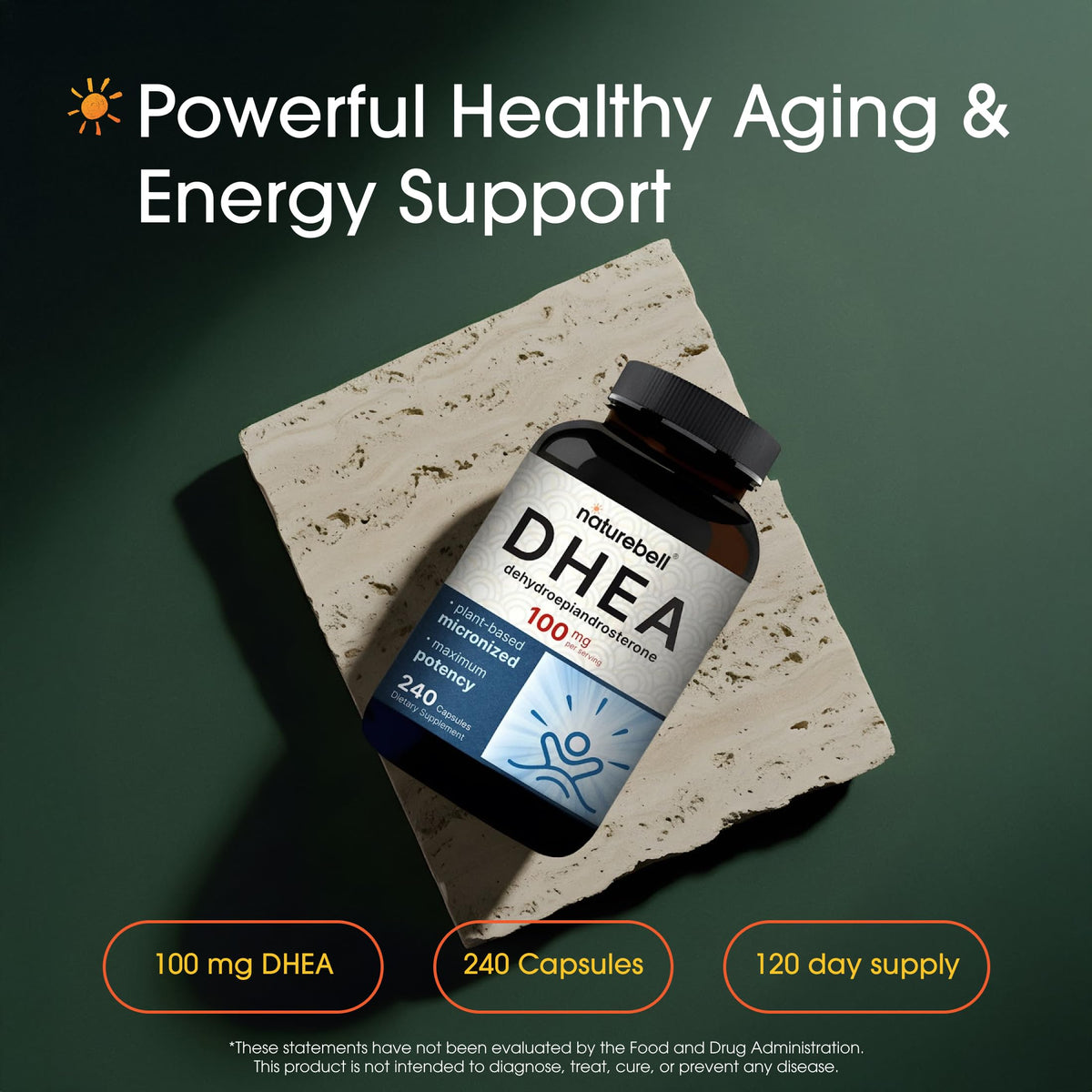 Capsules de NatureBell DHEA 100mg sur fond blanc