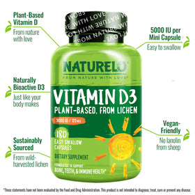 Capsules de NATURELO Vitamine D3 Végétale sur fond blanc