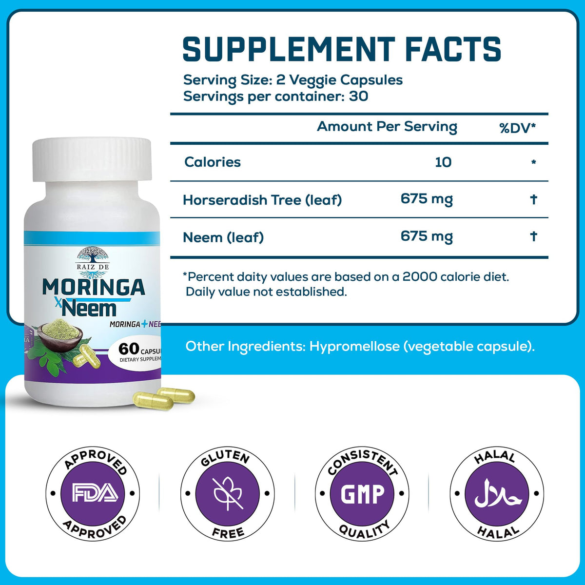 Capsules de neem et moringa bio Raiz DE avec un verre d'eau