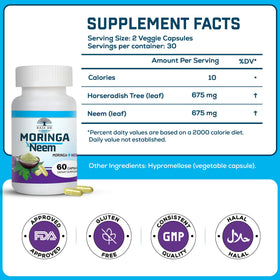 Capsules de neem et moringa bio Raiz DE avec un verre d'eau