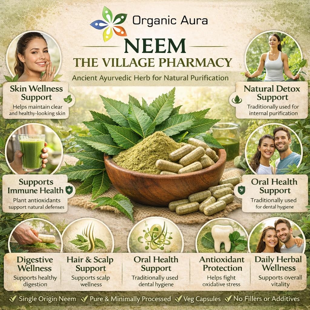 Capsules de Neem Organic Aura à côté d'un verre d'eau