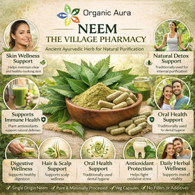 Capsules de Neem Organic Aura à côté d'un verre d'eau