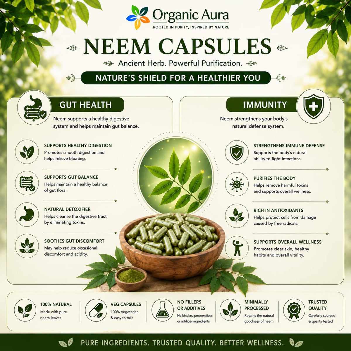 Capsules de Neem Organic Aura avec feuille de neem