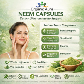 Capsules de Neem Organic Aura ouvertes pour montrer leur contenu