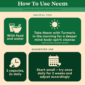 Capsules de neem ORGANIC INDIA avec des ingrédients naturels en arrière-plan
