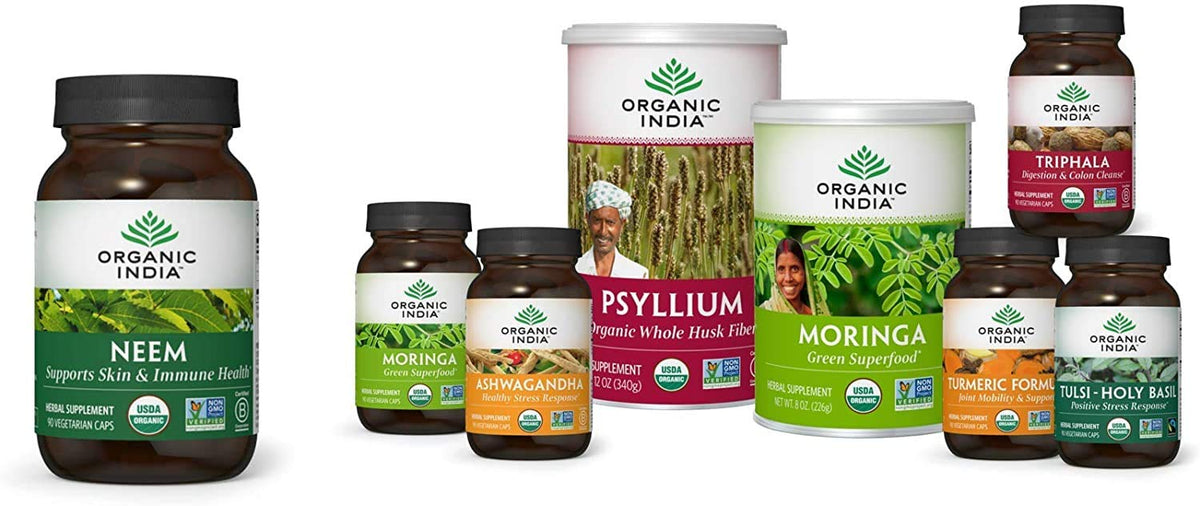 Capsules de neem ORGANIC INDIA sur fond blanc
