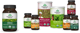 Capsules de neem ORGANIC INDIA sur fond blanc
